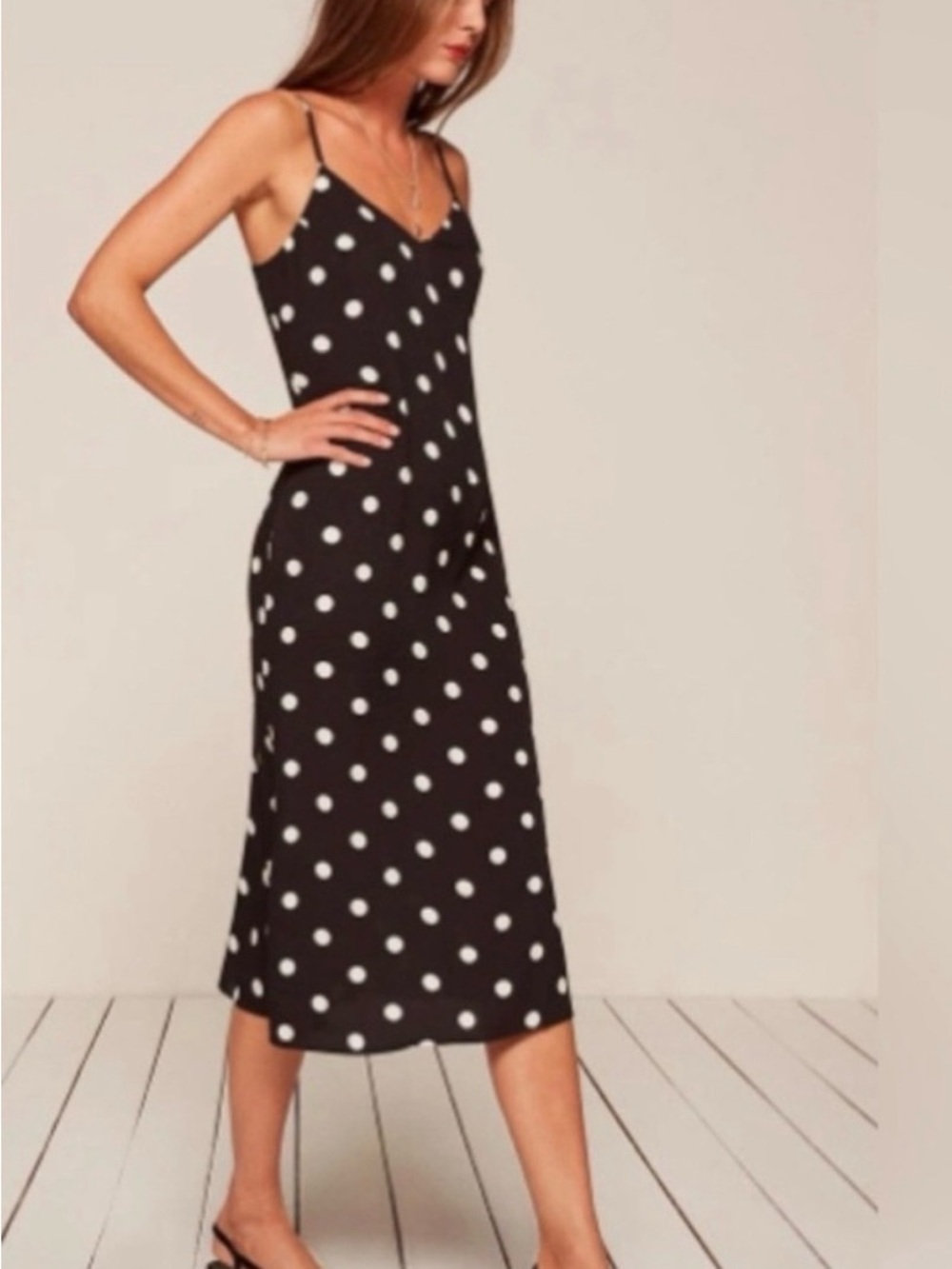Reformation Polka Dot Slip Dress Black Pink Midi Bias Cut Romantic Size 8
